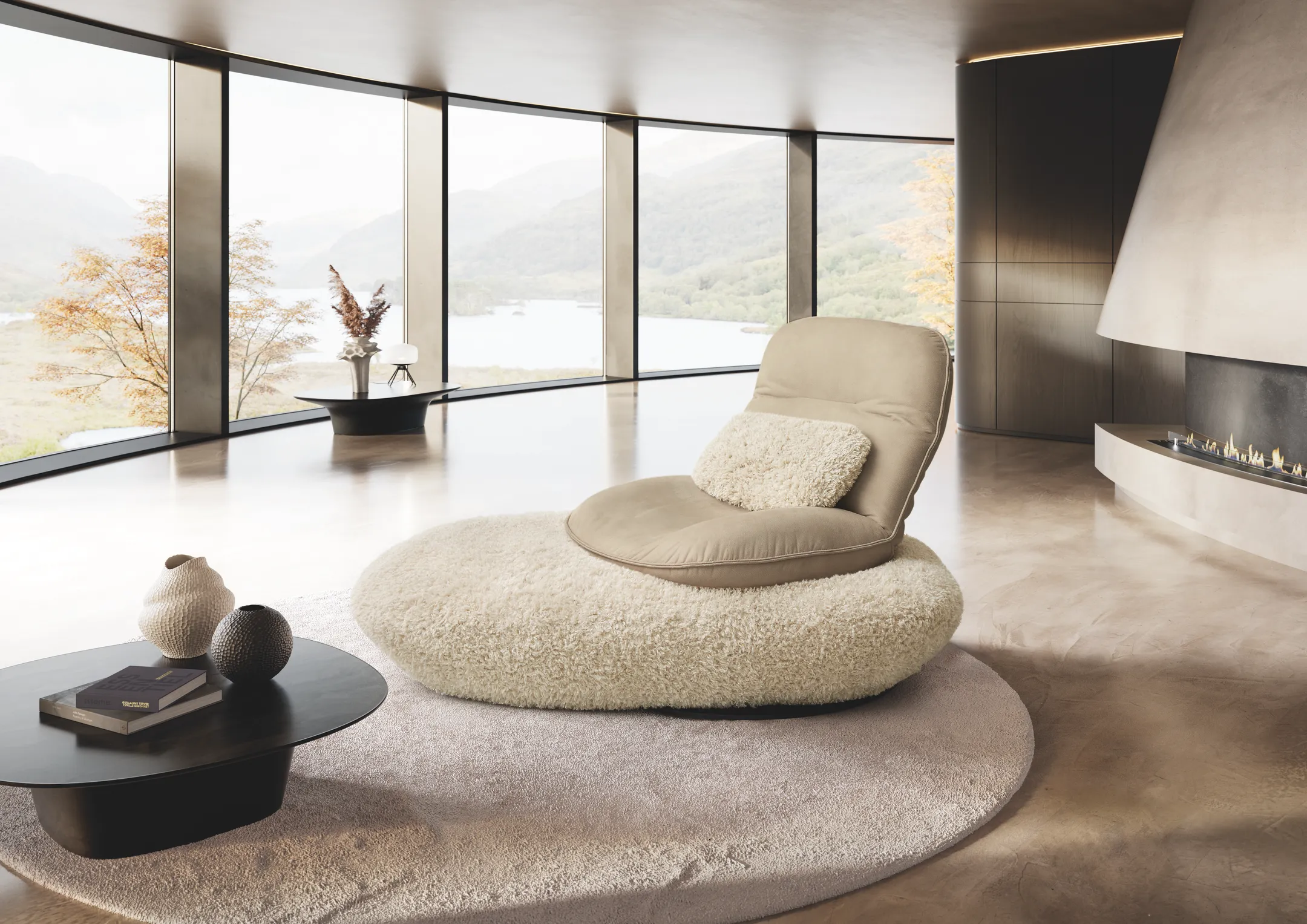 A sunlit living room with a low sofa and warm wood furniture